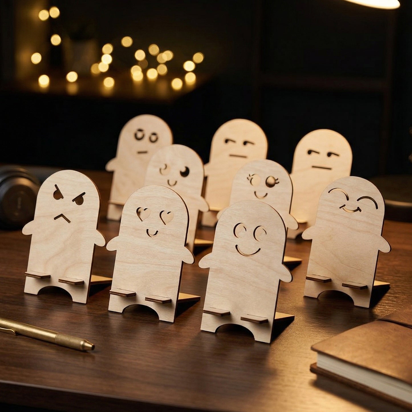 A variety of laser-cut wooden phone stands featuring different emoji-style facial expressions, including heart eyes, winking, and neutral faces. The character-shaped holders are displayed in a cozy workspace with warm ambient lighting and bokeh fairy lights in the background.