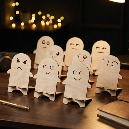 A variety of laser-cut wooden phone stands featuring different emoji-style facial expressions, including heart eyes, winking, and neutral faces. The character-shaped holders are displayed in a cozy workspace with warm ambient lighting and bokeh fairy lights in the background.