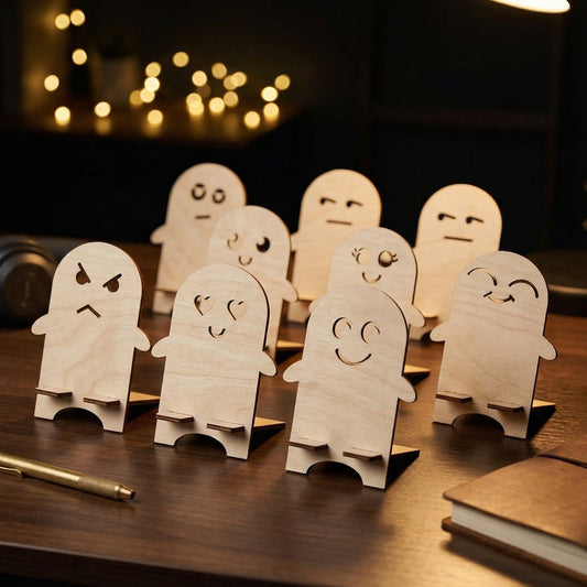 A variety of laser-cut wooden phone stands featuring different emoji-style facial expressions, including heart eyes, winking, and neutral faces. The character-shaped holders are displayed in a cozy workspace with warm ambient lighting and bokeh fairy lights in the background.