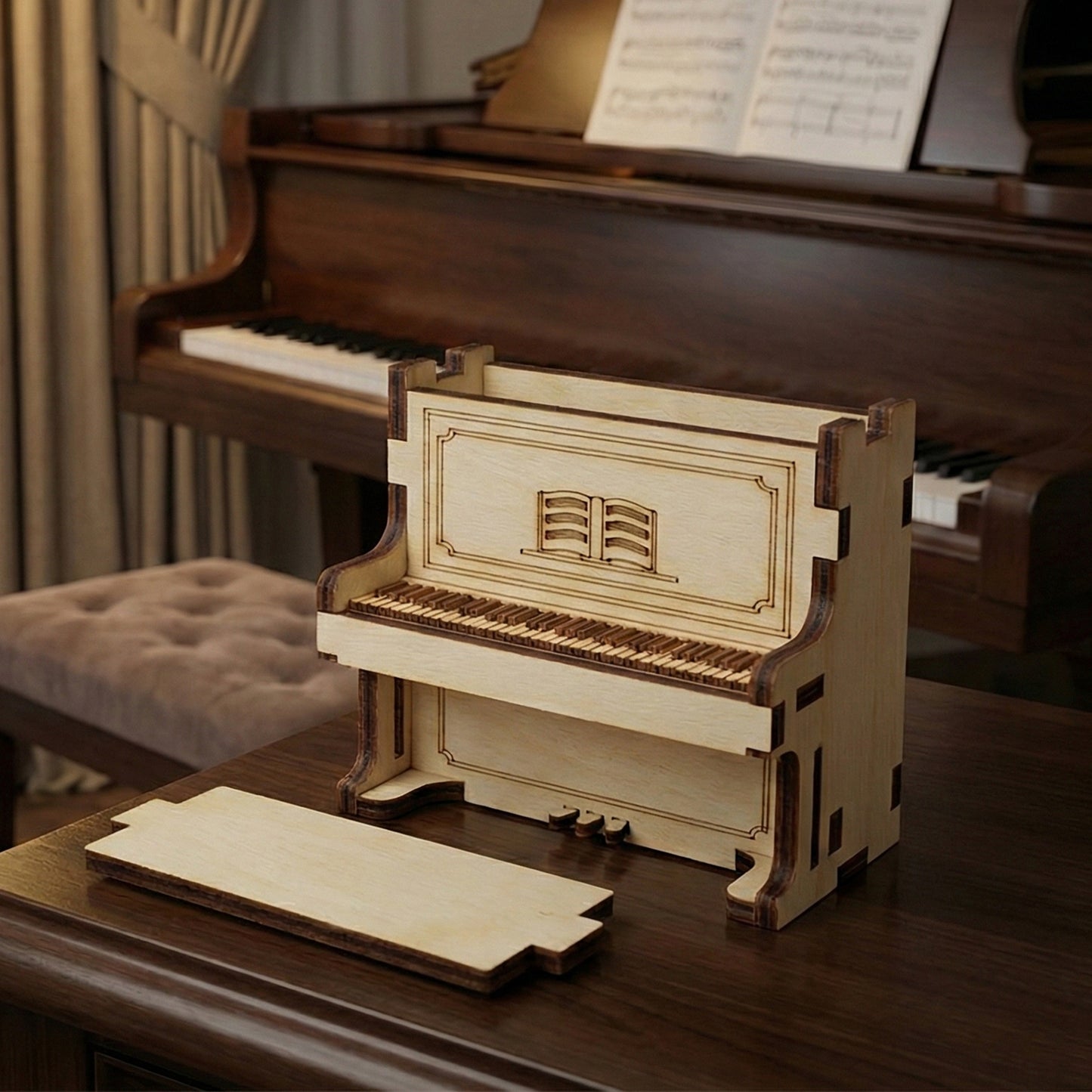 Laser cut plywood piano-shaped jewelry box with the top lid removed and placed in front, showing the hollow interior. Features dark burnt finger-joint edges and small engraved foot pedals. It sits on a polished wooden surface next to a piano bench.