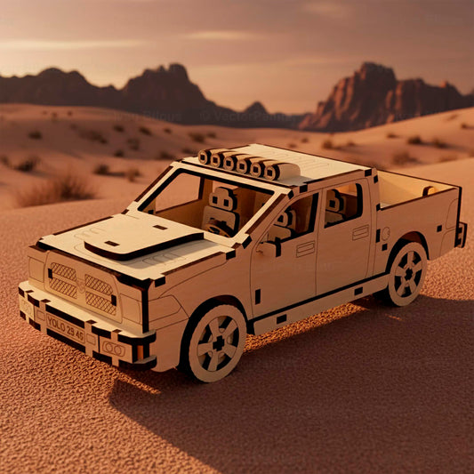 Laser cut wooden plywood pickup truck model with off-road roof lights, set against a desert dunes backdrop. Detailed 3D puzzle showing the front grille, hood scoop, and engraved "YOLO" license plate on a light plywood body with dark burnt edges.