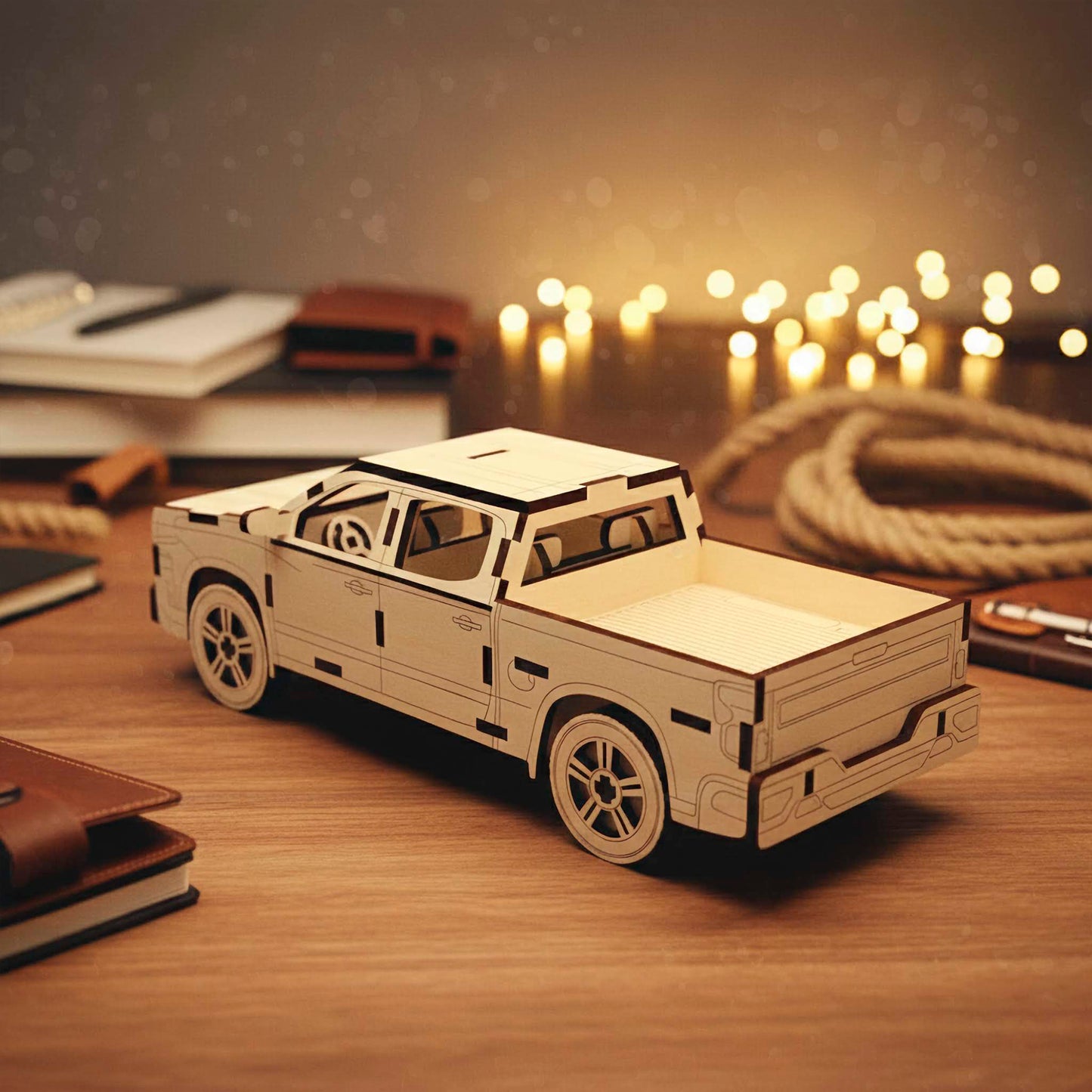 Rear perspective of a laser cut wooden plywood pickup truck model. Shows the open truck bed, detailed tailgate, and layered wheels. The light wood craft is displayed on a desk with a rope and bokeh lights in the background.