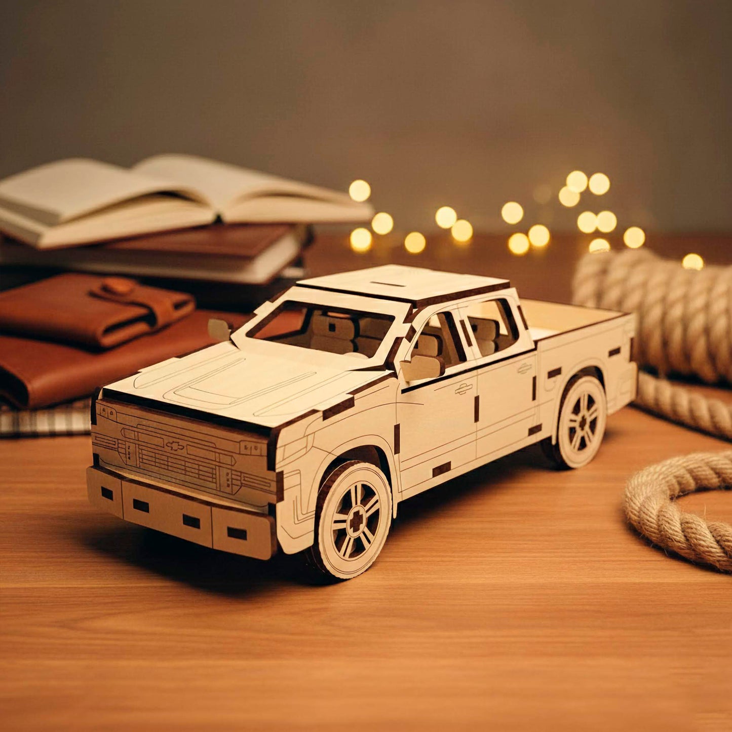 Side view of a DIY laser cut wooden plywood pickup truck assembly kit. Features intricate door lines, side mirrors, and interior seating visible through windows. Made from precision-cut plywood, shown in a warm cozy setting on a wooden surface.