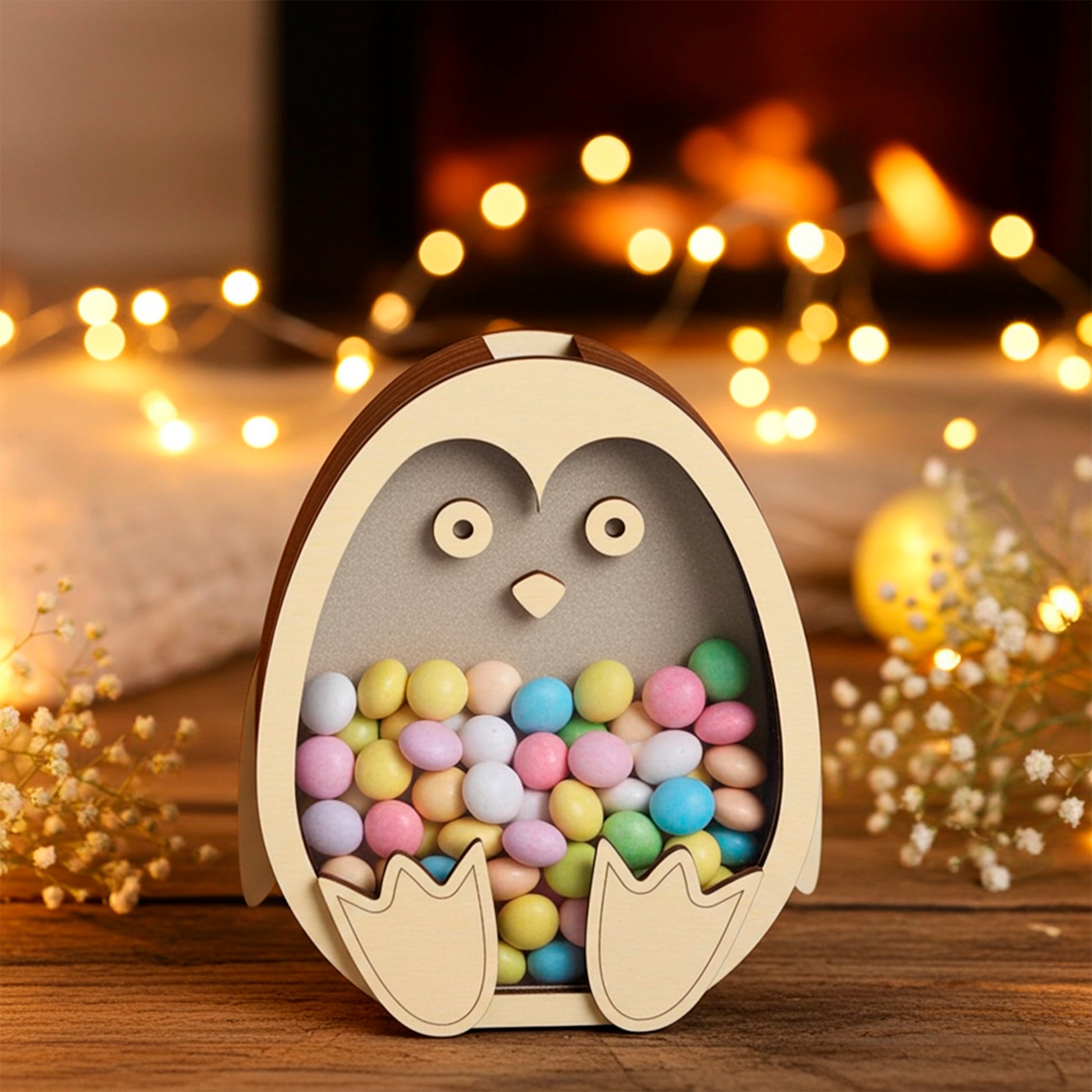Laser cut wooden penguin coin bank or candy box, filled with colorful pastel Easter chocolate eggs, sitting on a rustic table with soft, golden fairy lights and baby's breath flowers in the warm background.
