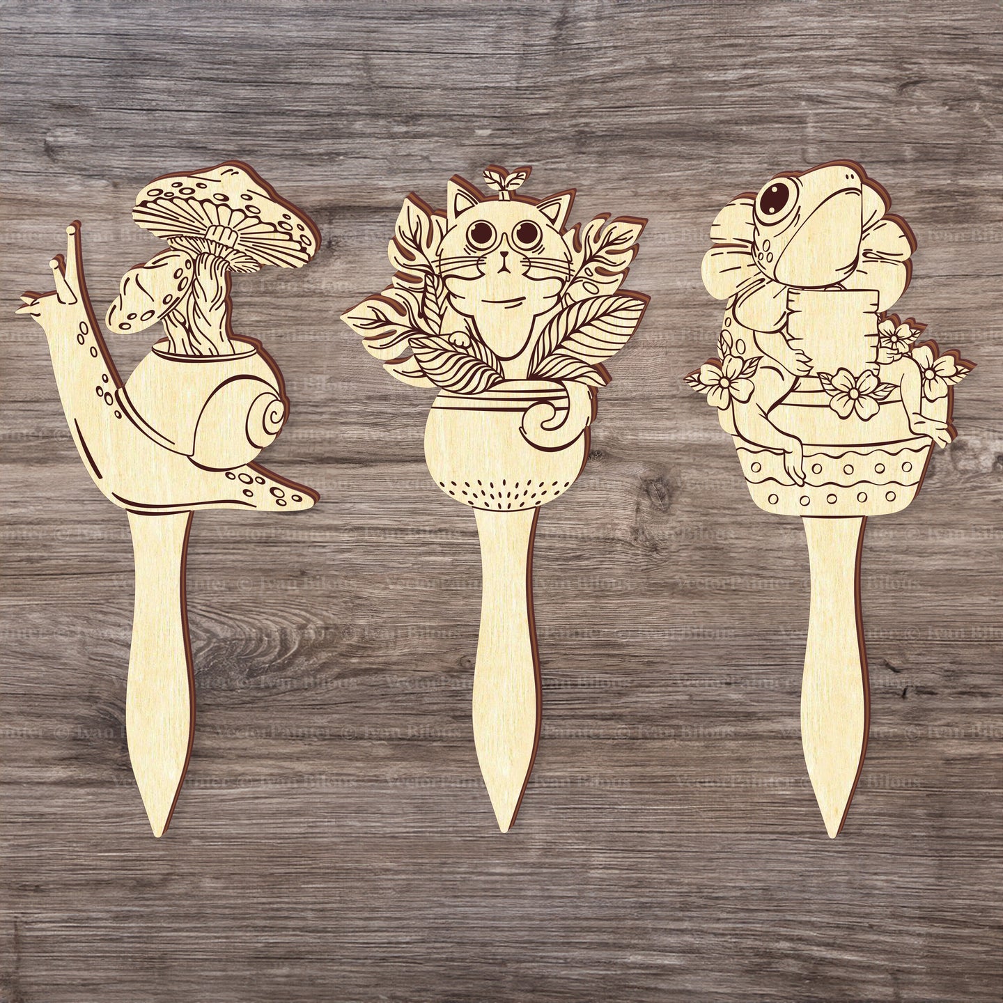 Plant Pick Set of 3 - Snail with Mushrooms, Frog and Cat Set