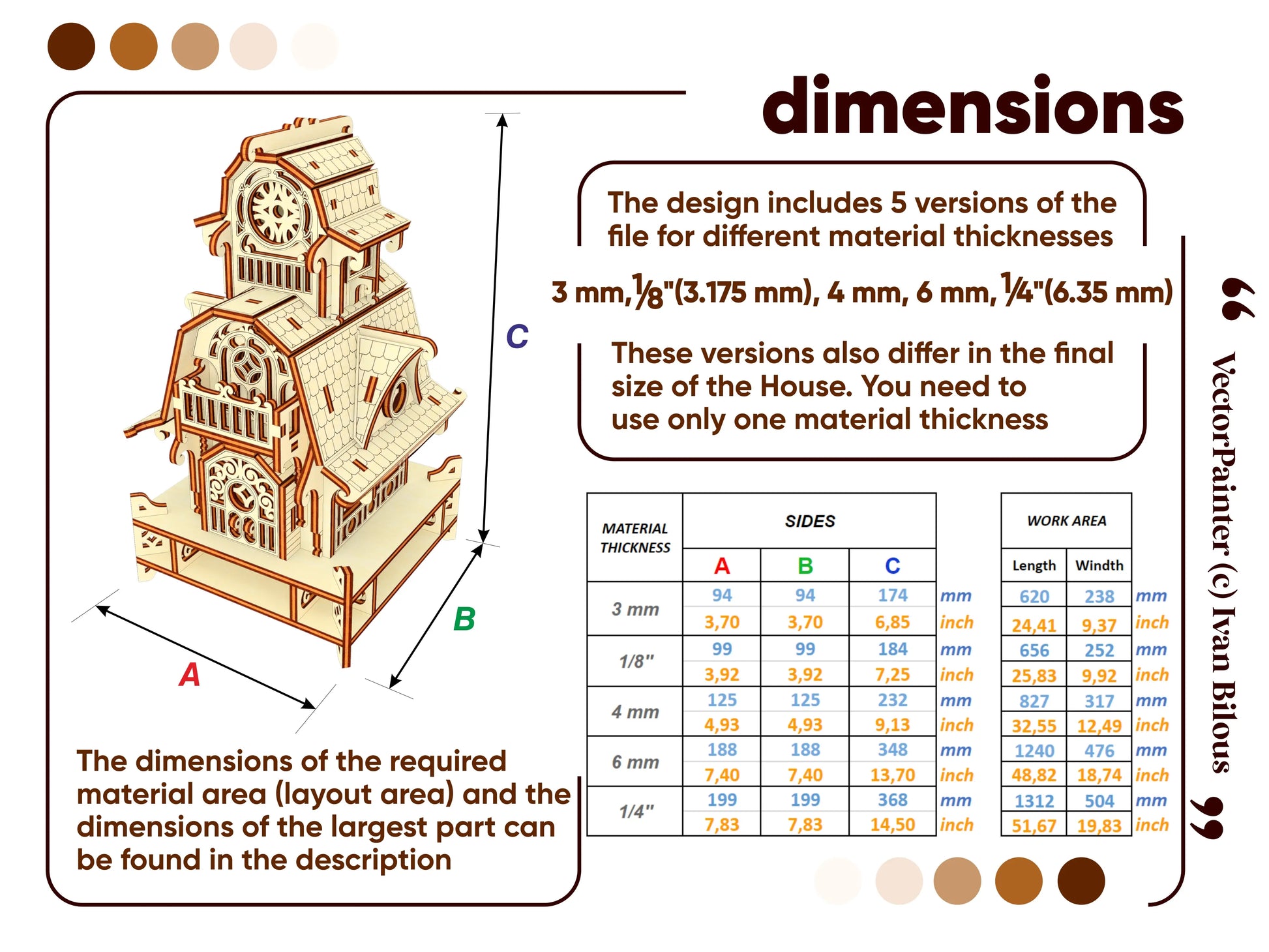 Dimensions table for a laser cut plywood fairy house template, detailing size options from 3mm to 1/4 inch thick.