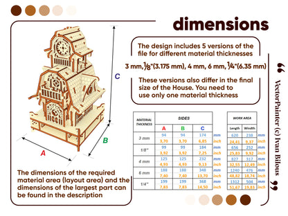 Dimensions table for a laser cut plywood fairy house template, detailing size options from 3mm to 1/4 inch thick.