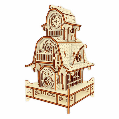 Clean isolated 3D view of the completed multi-tier fairy tale tower prototype, built from laser cut plywood panels.