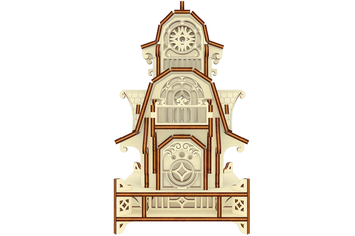 Straight-on front template view of the tabletop fantasy house project, made from natural laser cut plywood layers