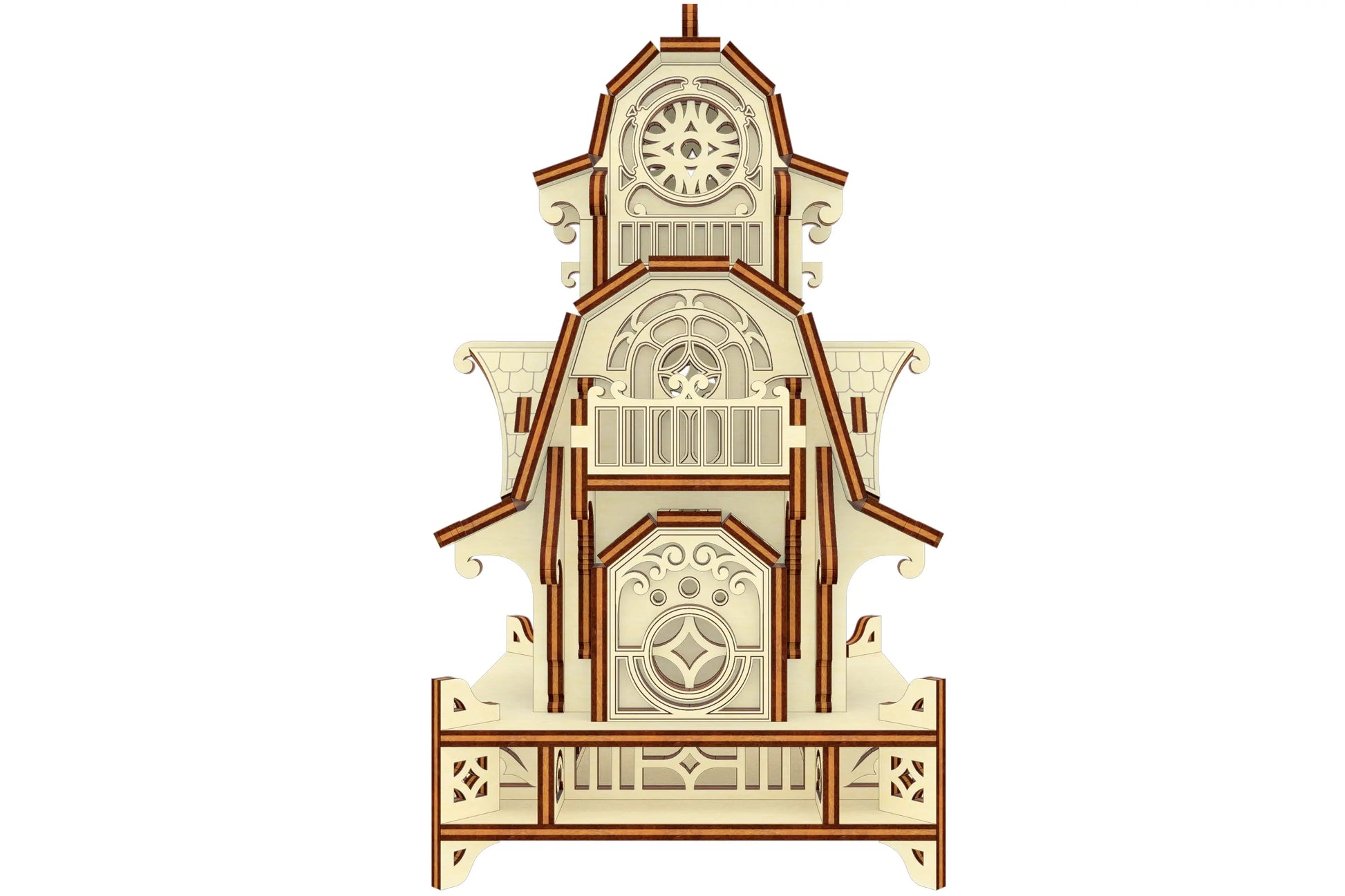 Straight-on front template view of the tabletop fantasy house project, made from natural laser cut plywood layers