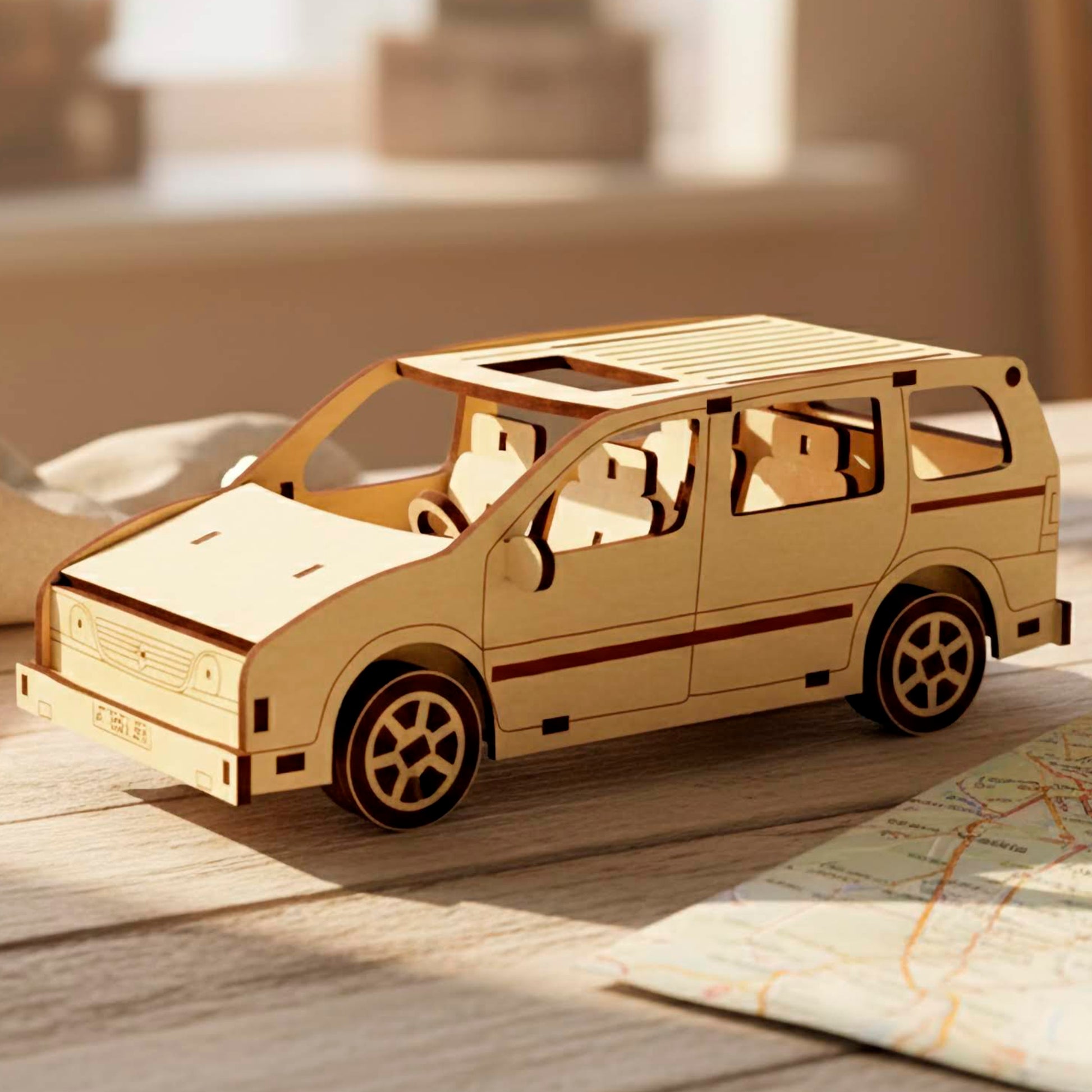 Three-quarter front view of a laser cut wooden plywood assembly kit. The 3D wood puzzle features a detailed grill, headlights, and side mirrors. Displayed in a bright room on a wooden table next to travel gear and a map.