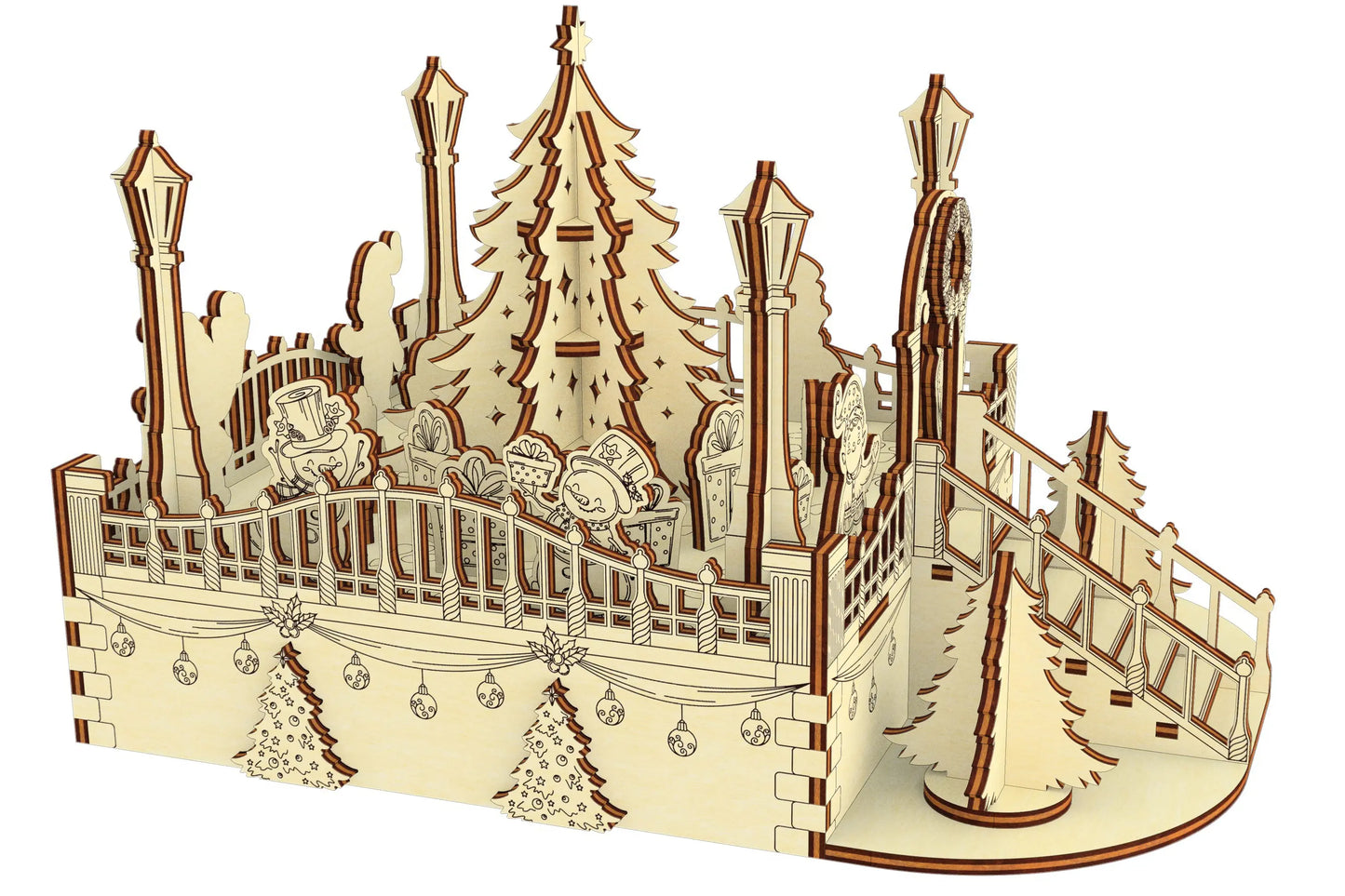 Right-side vector diagram of the festive winter village assembly, created using slotted laser cut plywood elements.
