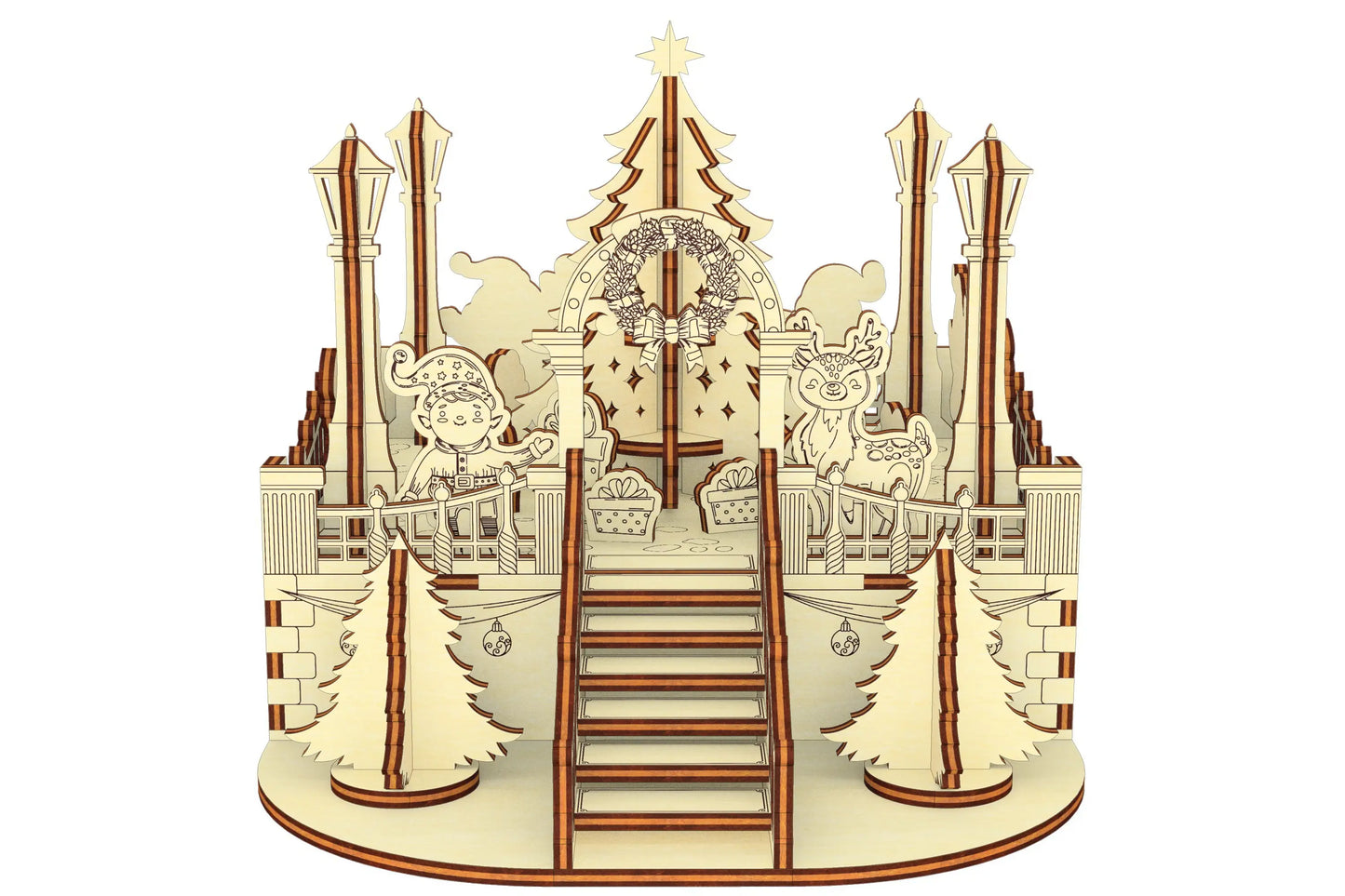 Straight-on architectural view of the 3D Christmas centerpiece kit, designed from natural laser cut plywood sheets.