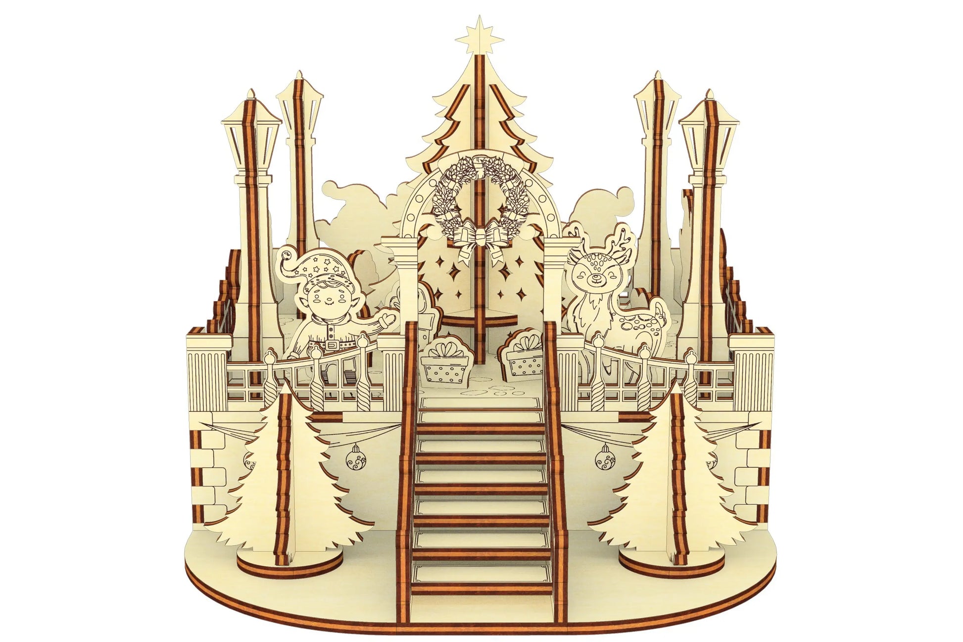 Straight-on architectural view of the 3D Christmas centerpiece kit, designed from natural laser cut plywood sheets.