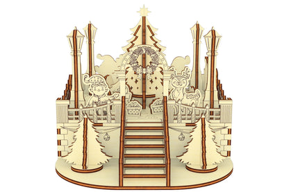 Straight-on architectural view of the 3D Christmas centerpiece kit, designed from natural laser cut plywood sheets.