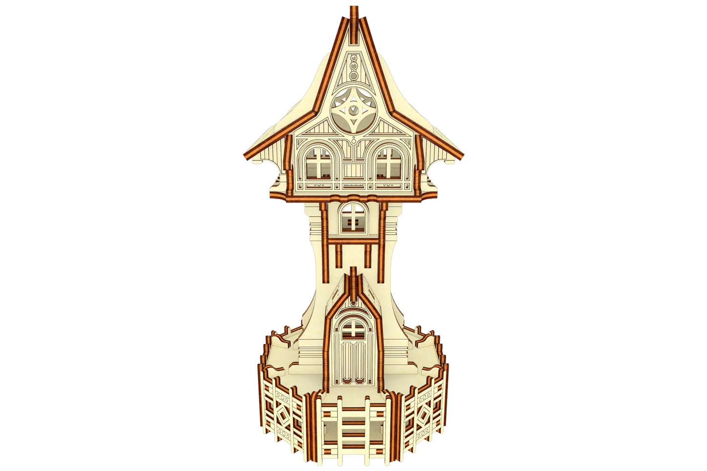 Straight front view of an intricate miniature fantasy tower house designed for laser cut plywood fabrication.