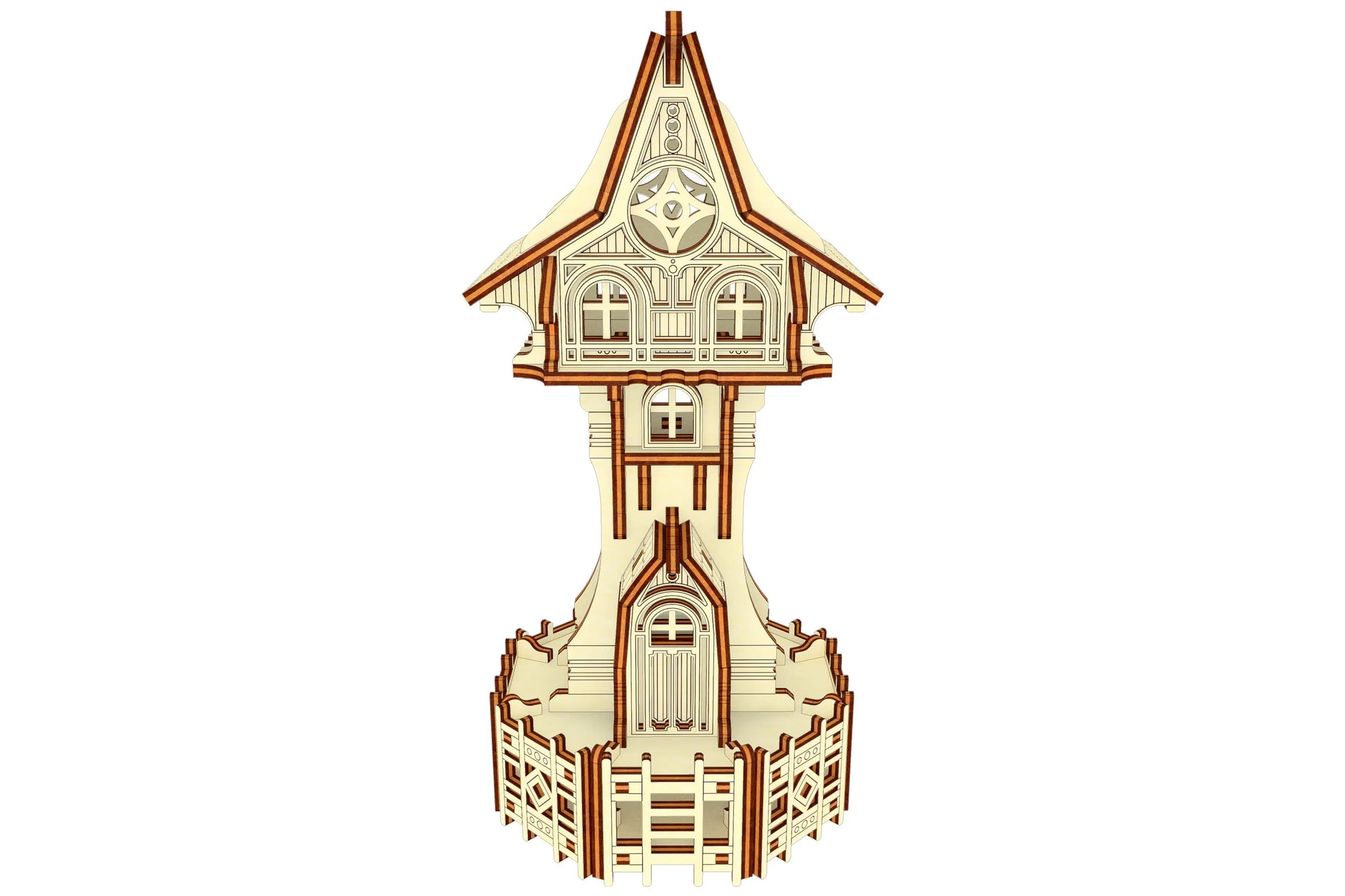 Straight front view of an intricate miniature fantasy tower house designed for laser cut plywood fabrication.