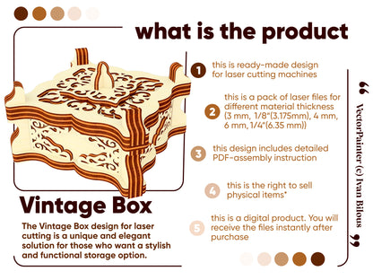 Plywood Vintage Box Design for Laser Cutting Machines. Digital plan and PDF-assembly instructions of the Box