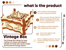 Load image into Gallery viewer, Plywood Vintage Box Design for Laser Cutting Machines. Digital plan and PDF-assembly instructions of the Box
