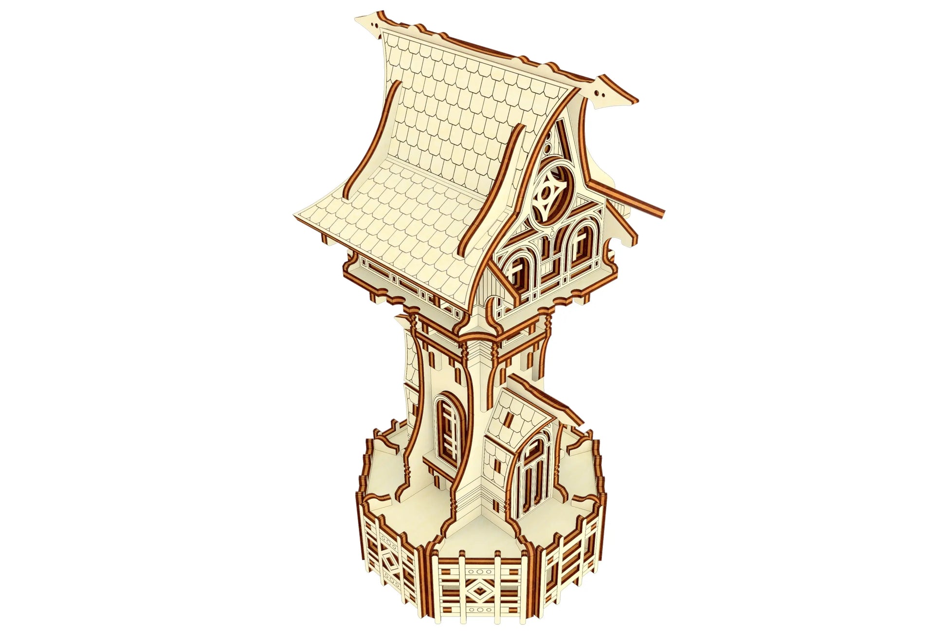 Isometric view of a miniature wizard castle tower design made of laser cut plywood isolated on a white background.
