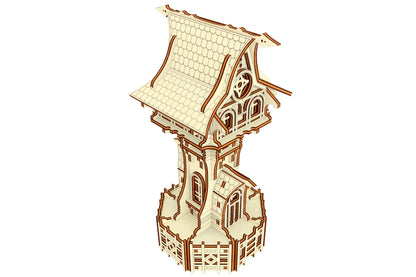 Isometric view of a miniature wizard castle tower design made of laser cut plywood isolated on a white background.