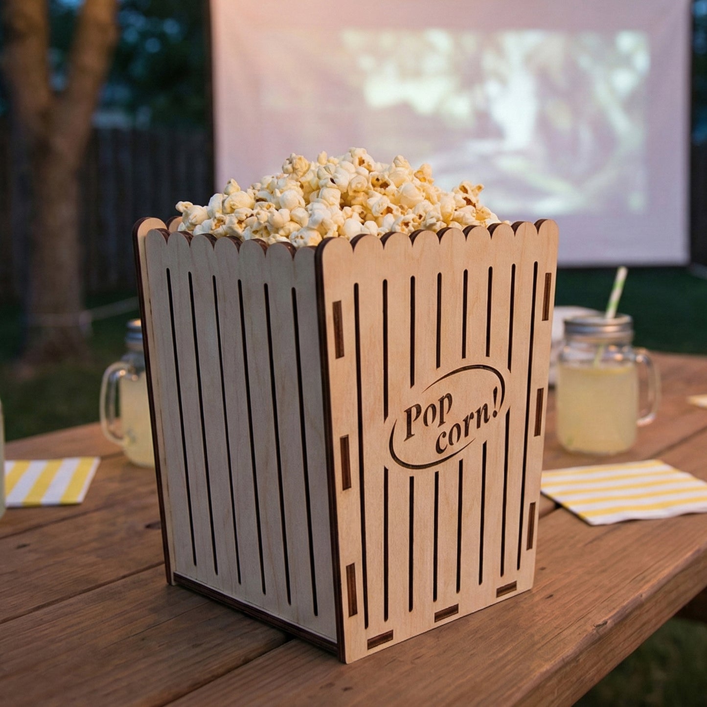 Laser cut plywood popcorn container with vertical slat designs and finger-joint construction. Shown on a rustic outdoor table with glasses of lemonade and striped napkins. A movie screen is visible in the soft-focus evening background.