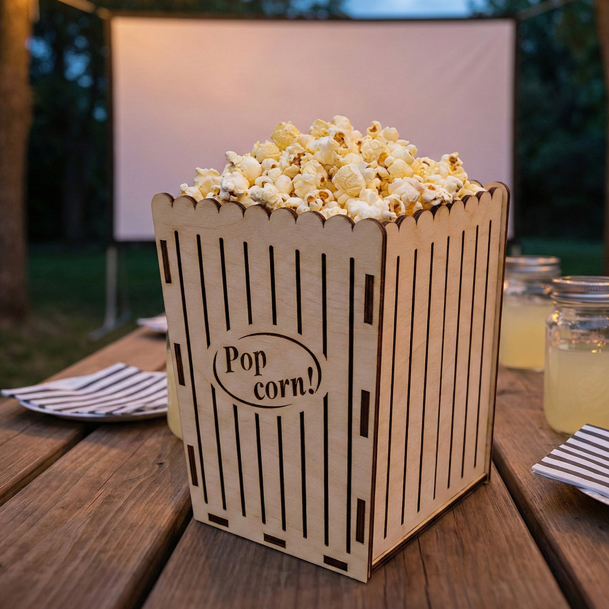 Tall, scalloped-edge popcorn bucket made of laser cut plywood. The front features an engraved "Pop corn!" logo. It is filled with popcorn and sits on an outdoor wooden table during a backyard movie night with a projector screen in the background.