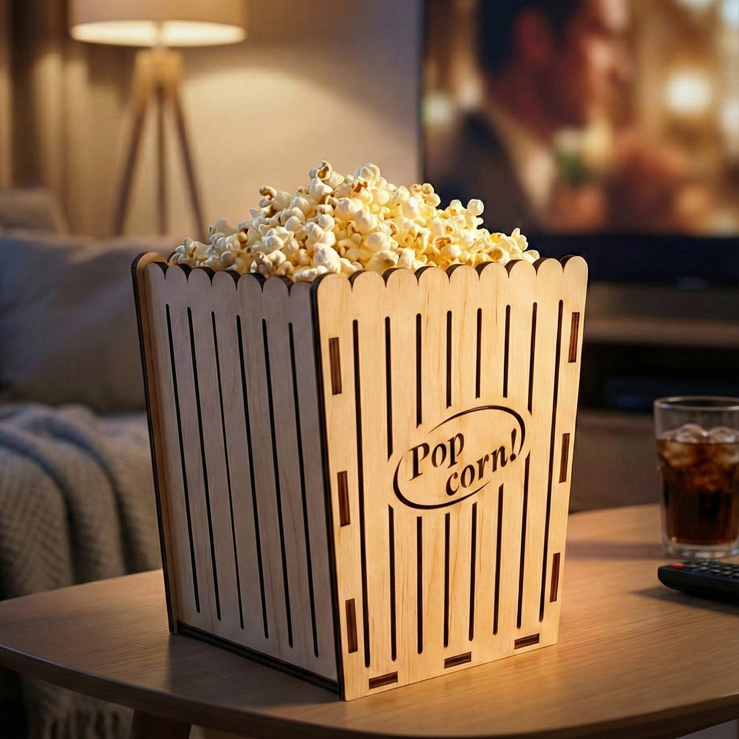 Popcorn box crafted from laser cut plywood sitting on a living room coffee table. The container is overflowing with popcorn, set against a cozy background featuring a lit lamp, sofa, and a television showing a movie.