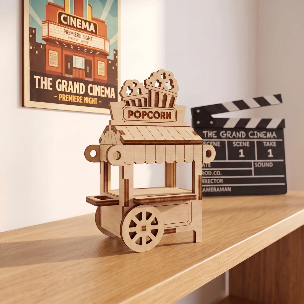 Laser cut plywood popcorn cart figurine on wooden shelf beside a vintage movie theater poster and black film clapperboard.