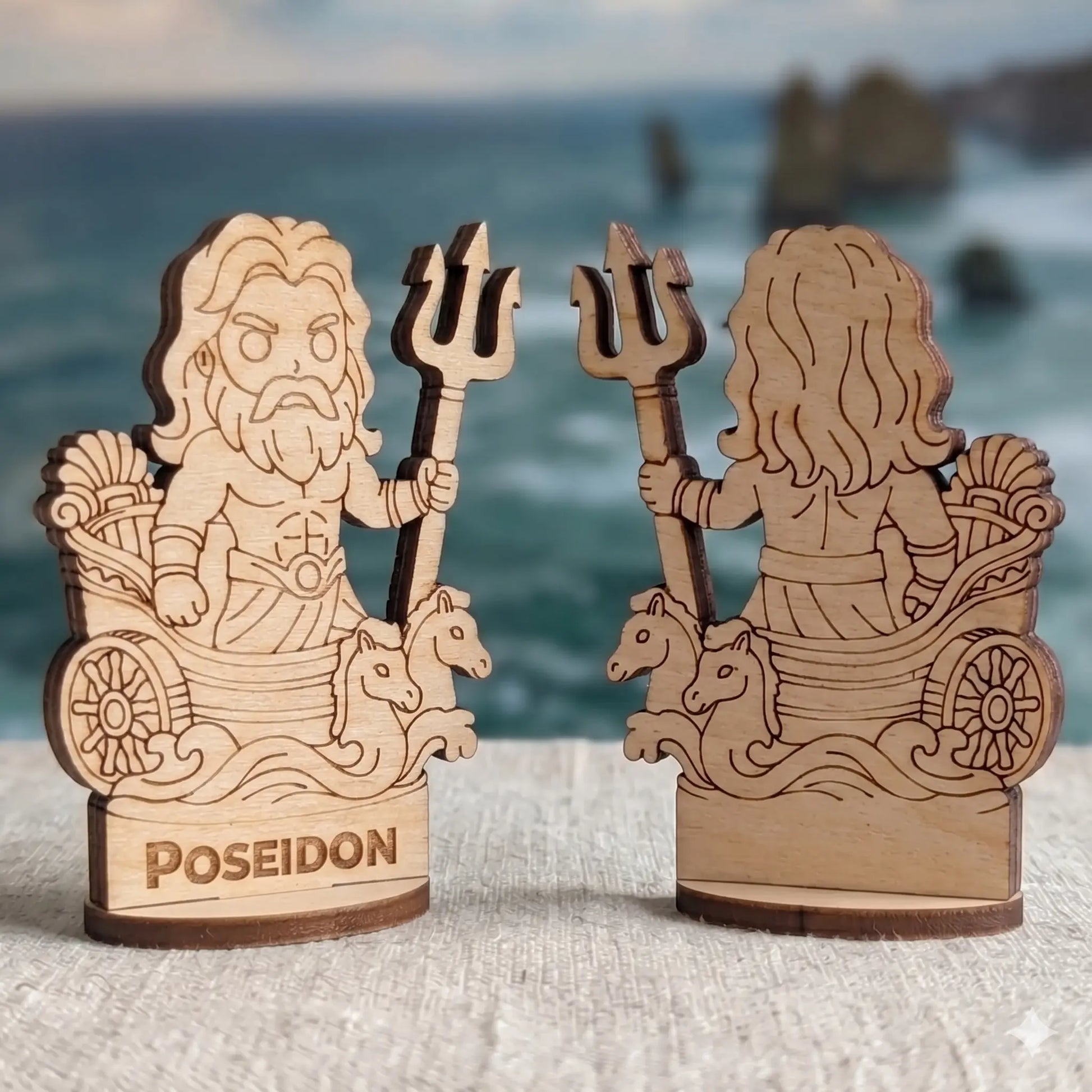Laser cut plywood Poseidon miniature front and back views in sea horse chariot with trident against a blurred ocean view.