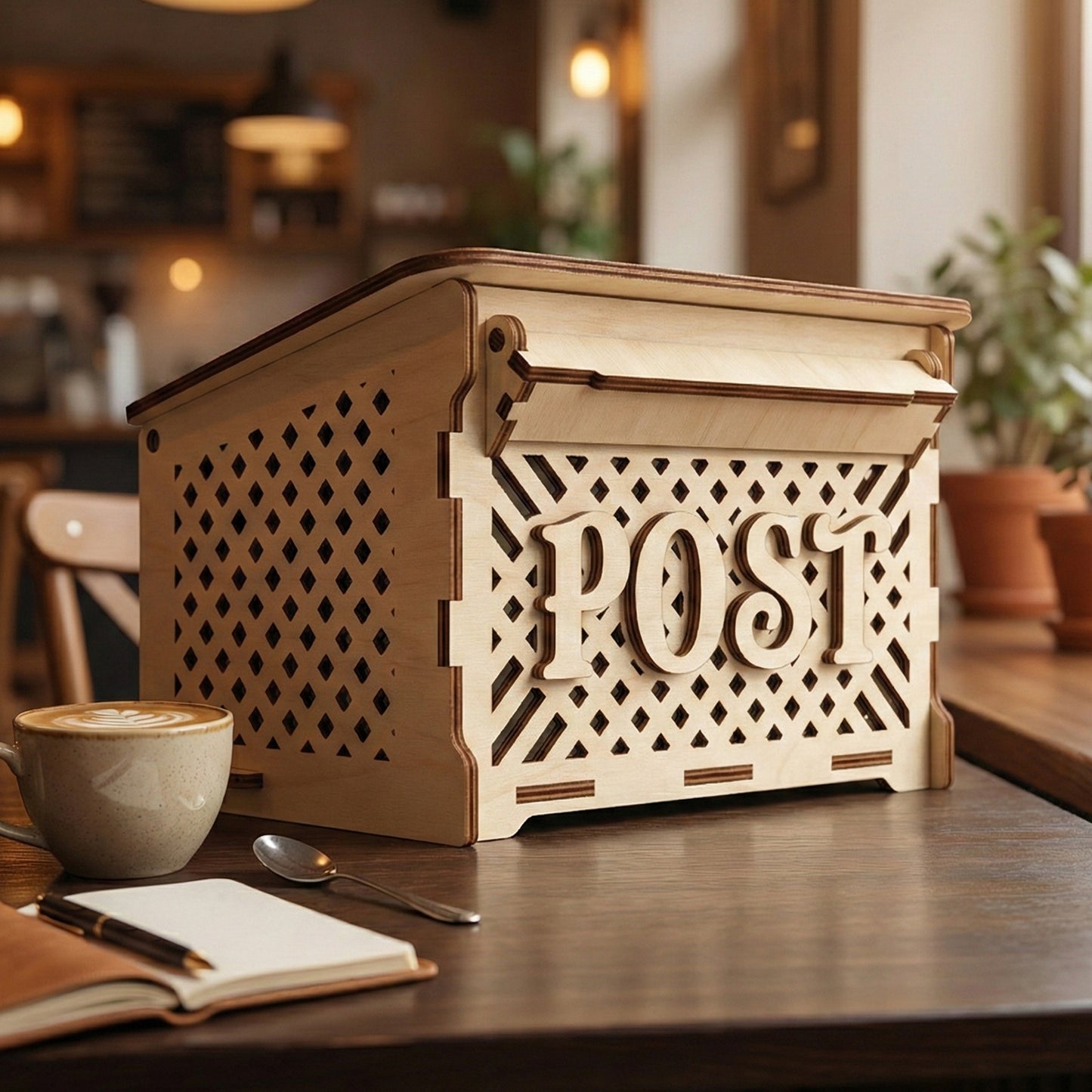 A slanted-roof decorative post box made of laser cut plywood with a lattice design on the sides and "POST" in raised letters. Shown on a dark cafe table next to a cup of coffee and an open notebook.