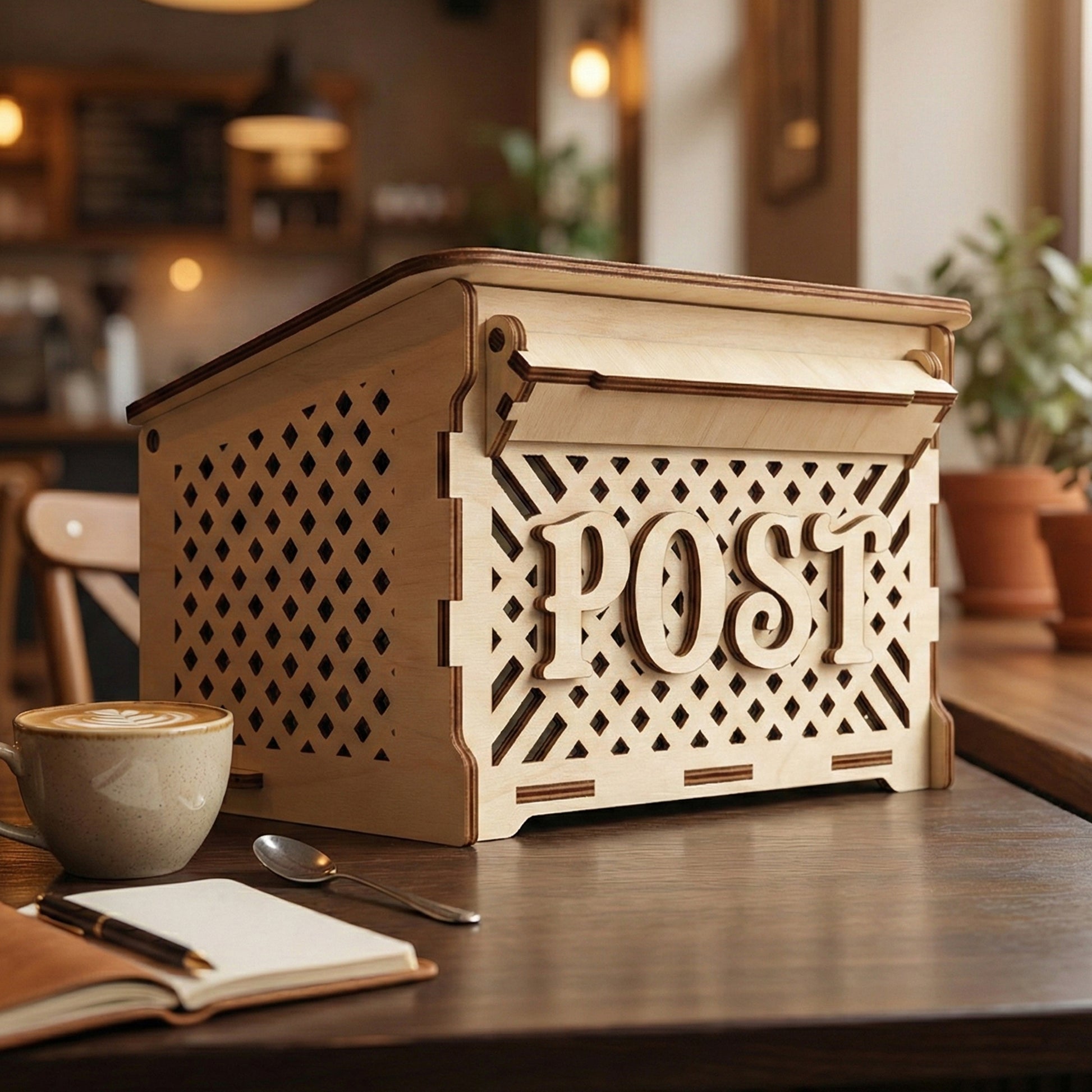 A slanted-roof decorative post box made of laser cut plywood with a lattice design on the sides and "POST" in raised letters. Shown on a dark cafe table next to a cup of coffee and an open notebook.
