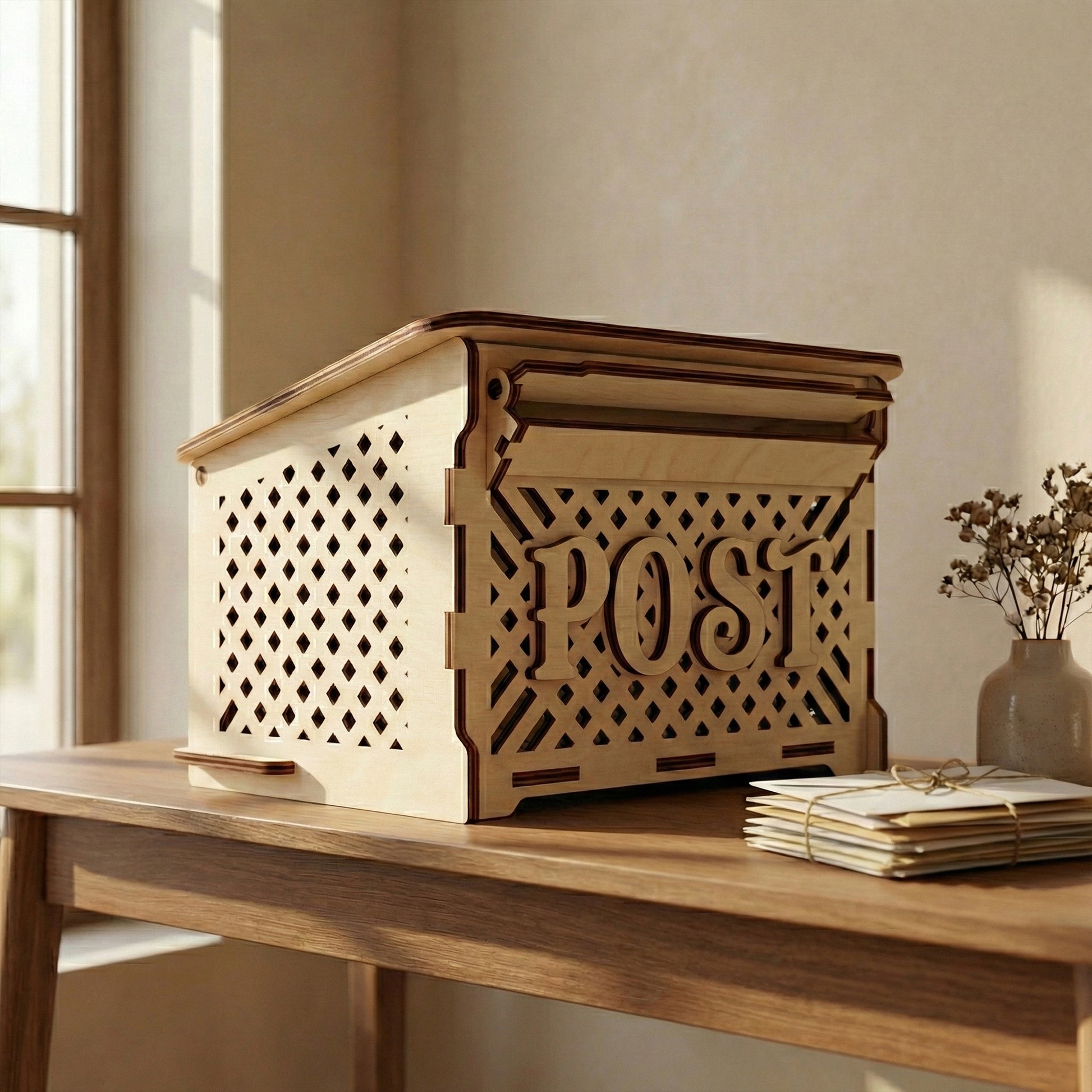 Laser cut plywood post box with a lattice pattern and a hinged letter slot on top. The natural wood box sits on a bright wooden desk next to a stack of envelopes and a small vase of dried flowers.