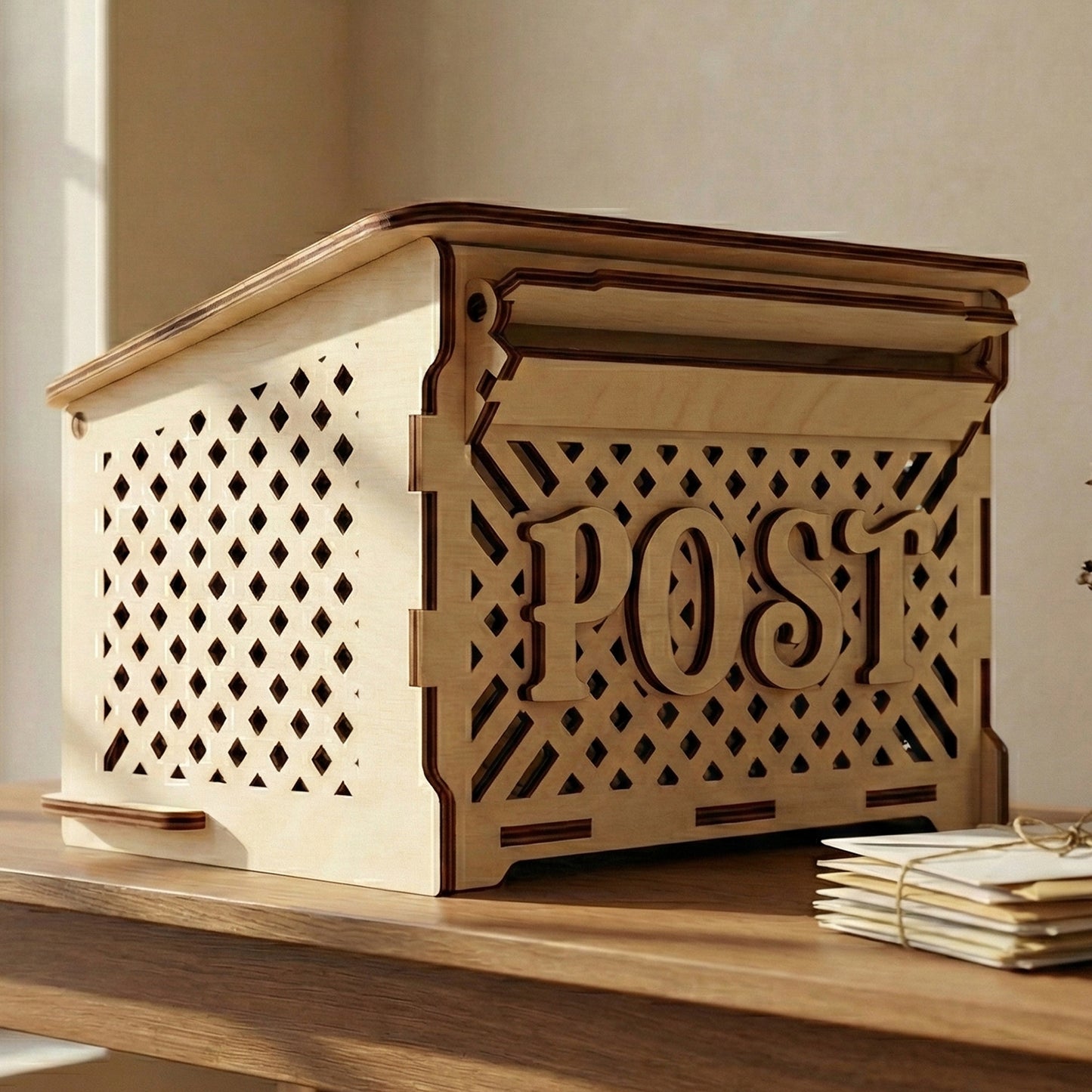 Laser cut plywood post box with a lattice pattern and a hinged letter slot on top. The natural wood box sits on a bright wooden desk next to a stack of envelopes and a small vase of dried flowers.