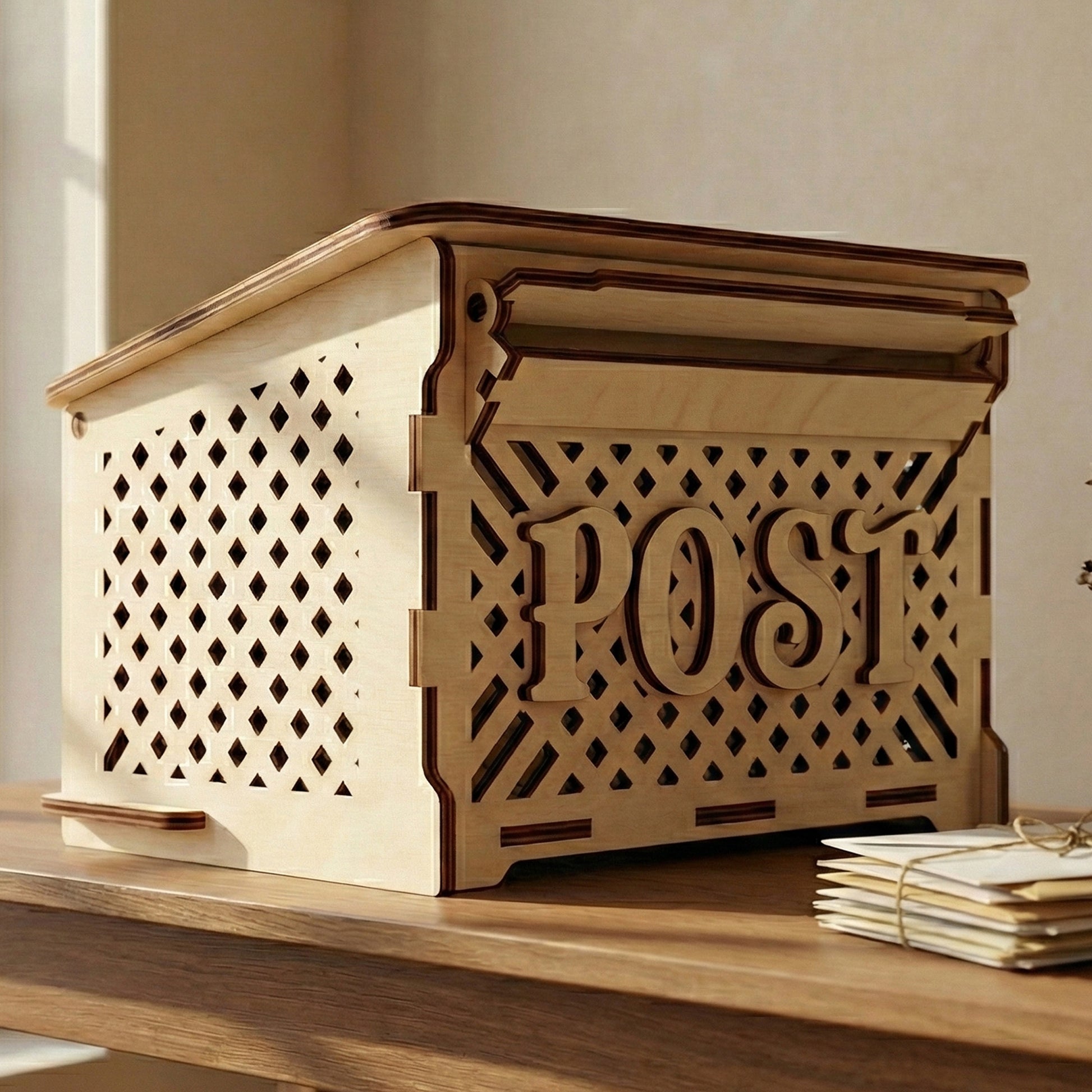 Laser cut plywood post box with a lattice pattern and a hinged letter slot on top. The natural wood box sits on a bright wooden desk next to a stack of envelopes and a small vase of dried flowers.