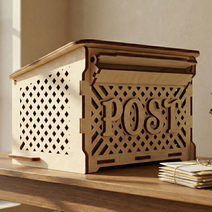 Laser cut plywood post box with a lattice pattern and a hinged letter slot on top. The natural wood box sits on a bright wooden desk next to a stack of envelopes and a small vase of dried flowers.