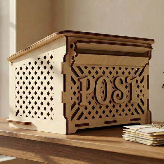 Laser cut plywood post box with a lattice pattern and a hinged letter slot on top. The natural wood box sits on a bright wooden desk next to a stack of envelopes and a small vase of dried flowers.