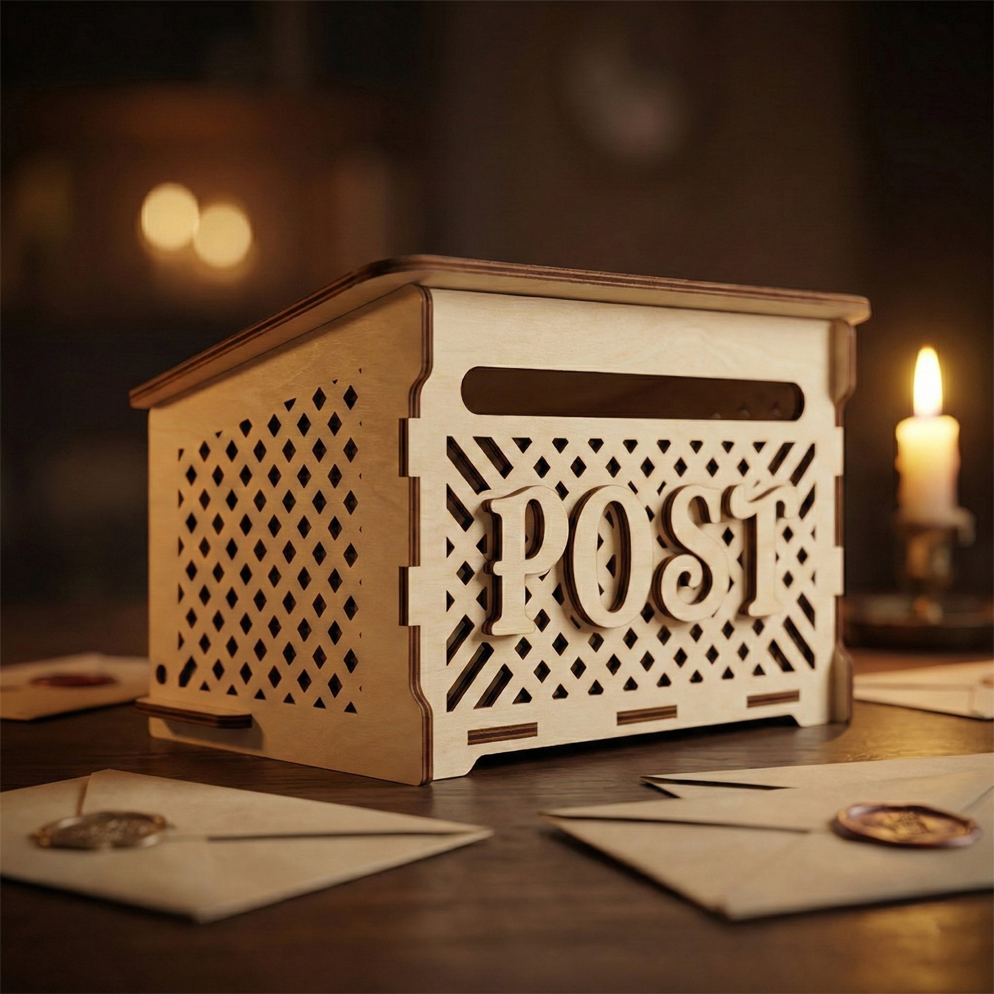 A laser cut plywood post box with a lattice pattern and a letter slot on the front. Featured in a warm, dimly lit room with sealed wax envelopes and a burning candle in the background.