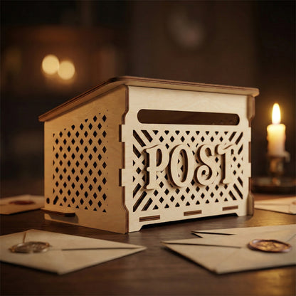 A laser cut plywood post box with a lattice pattern and a letter slot on the front. Featured in a warm, dimly lit room with sealed wax envelopes and a burning candle in the background.