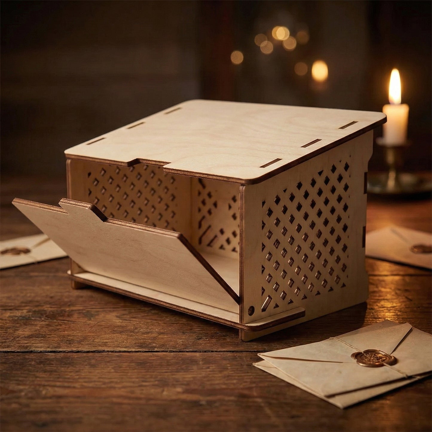 Back view of the laser cut plywood post box showing the hinged door in an open position for retrieving letters. The box is surrounded by vintage-style envelopes on a rustic wooden surface