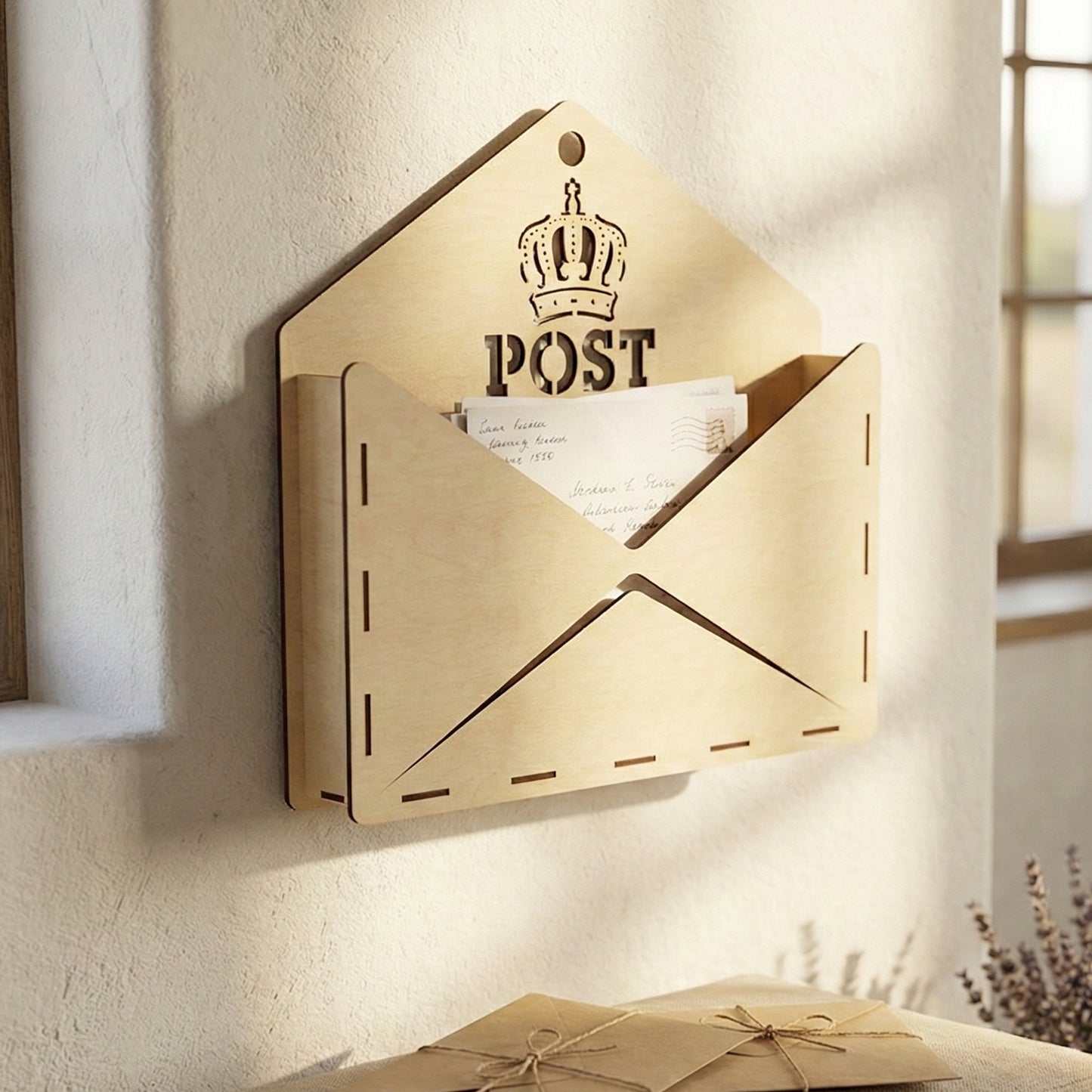 Close-up of a laser cut plywood envelope-shaped wall pocket with "POST" and a crown emblem. Natural wood grain and dark laser-cut edges are visible. Filled with incoming mail and mounted on a neutral-toned wall.