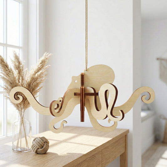 Side view of the 3D octopus decoration crafted from laser cut plywood. The assembly shows how the flat wood pieces intersect to create a voluminous marine creature. It hangs above a light wood console in a minimalist, sunlit room.