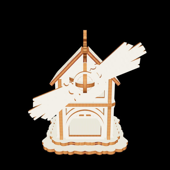 3D product render mockup of a miniature forest windmill puzzle with sails made from laser cut plywood.