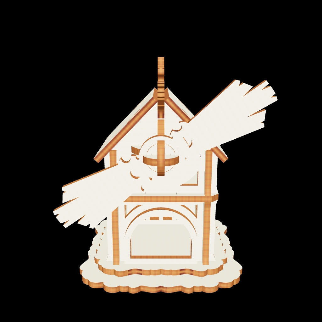 3D product render mockup of a miniature forest windmill puzzle with sails made from laser cut plywood.