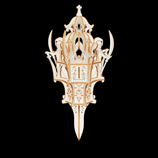 Laser cut plywood elven shrine model variation with an integrated long ground stake, studio shot
