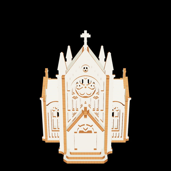  3D product render mockup of a fully assembled gothic church cathedral puzzle made from fine laser cut plywood.