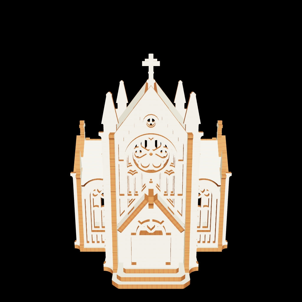  3D product render mockup of a fully assembled gothic church cathedral puzzle made from fine laser cut plywood.