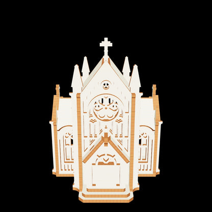  3D product render mockup of a fully assembled gothic church cathedral puzzle made from fine laser cut plywood.