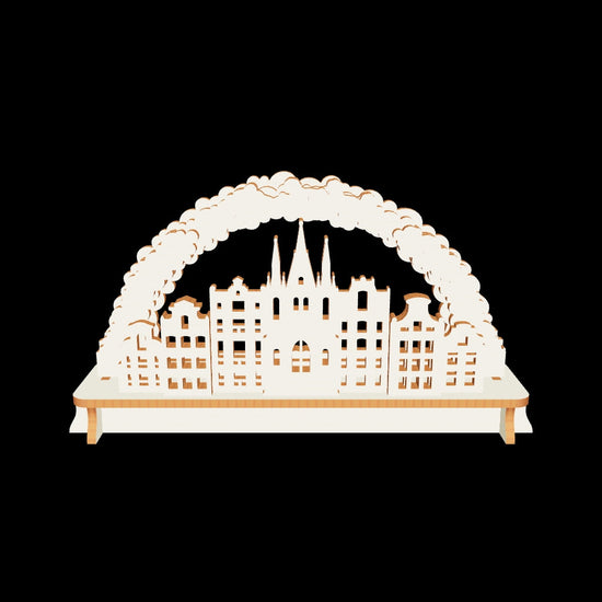 Beautiful straight front vector elevation view of a small holiday Christmas village arch centerpiece in laser cut plywood.