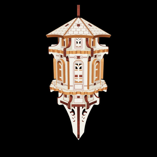 Laser cut plywood garden tower model featuring a decorative stake, ideal for garden beds or potted plants.